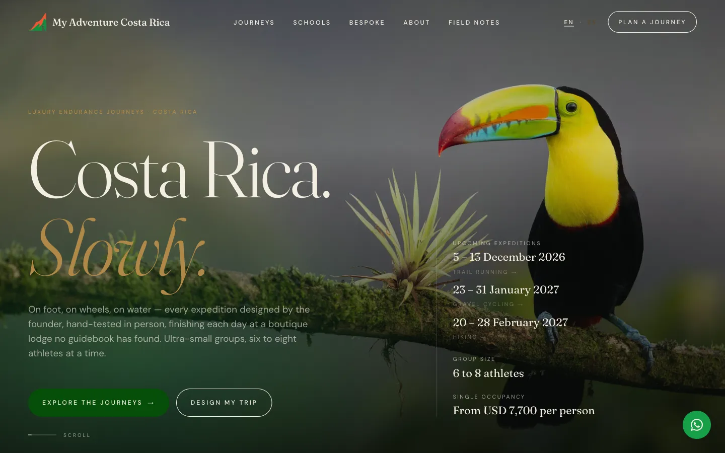 My Adventure Costa Rica home page — a toucan on a mossy branch behind the words "Costa Rica. Slowly.", with upcoming expeditions listed on the right.