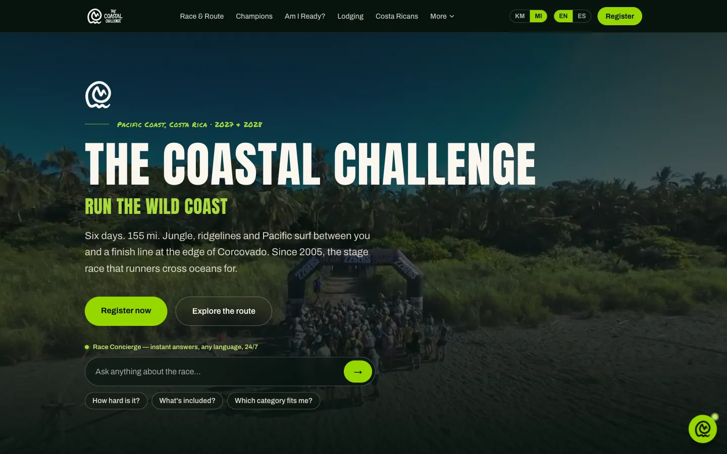 The Coastal Challenge home page — the race title over a photograph of runners at a beach start, with registration and a race concierge below.