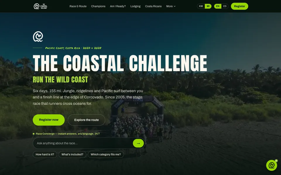 The Coastal Challenge home page — the race title over a photograph of runners at a beach start, with registration and a race concierge below.